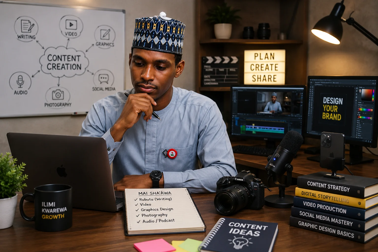 Awaisu Al’arabee Fagge in a content creation workspace with a camera, microphone, laptop and digital production tools representing different areas of content creation.