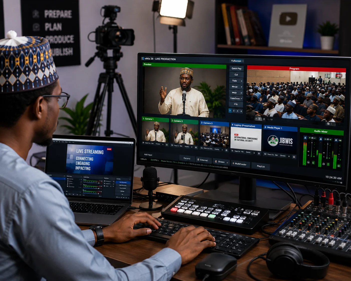 Awaisu Al’arabee Fagge operating a professional live streaming setup with vMix, multiple video sources, cameras, audio equipment and broadcast production tools.